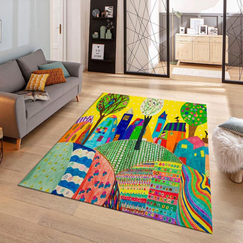 Colorful Landscape Kids Rug, Washable Playroom Rug - Etsy