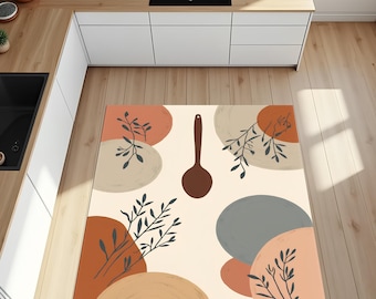 Boho Kitchen Rug with Spoon and Herbs Illustration – Soft Cream Base Cooking Utensil Pattern Floor Mat