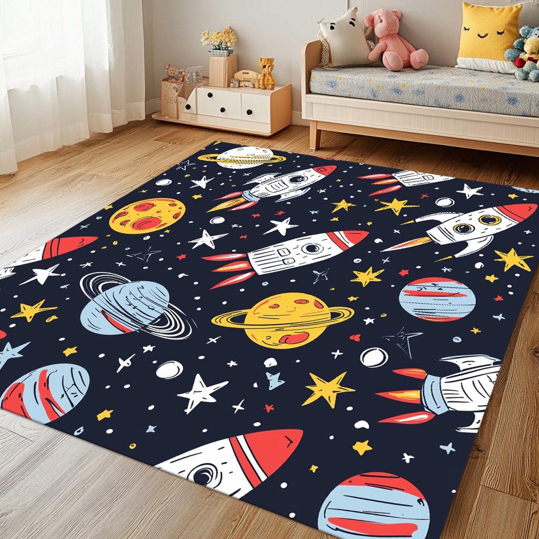Kids Outer Space Themed Area Rug With Rockets, Planets and Stars in ...