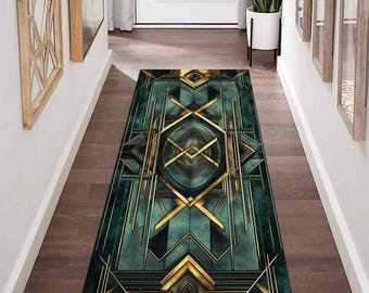 Art Deco Runner Rug, Green Gold Geometric Hallway Carpet, Non-Slip Washable