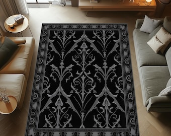 Alfombra de área de damasco gótico negro, decoración moderna de lujo para el hogar.