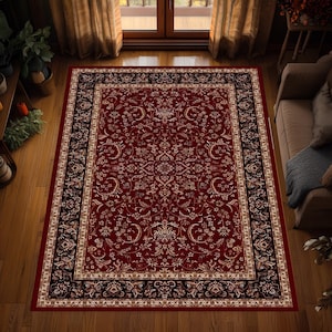 Klassiek rood vloerkleed, traditioneel medaillontapijt, wasbaar en antisliptapijt
