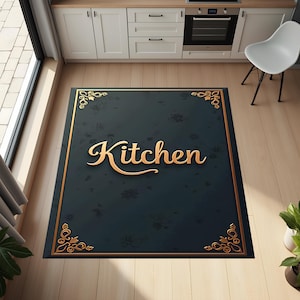 Elegante alfombra de cocina azul marino con tipografía dorada: tapete decorativo para espacios de cocina modernos.