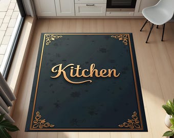 Elegant Navy Kitchen Rug with Gold Script Typography – Decorative Floor Mat for Modern Cooking Spaces