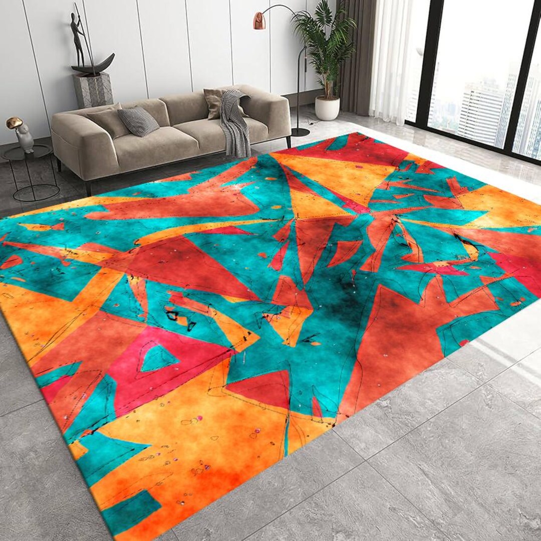 Colorful Abstract Geometric Rug in Turquoise and Orange, Modern ...