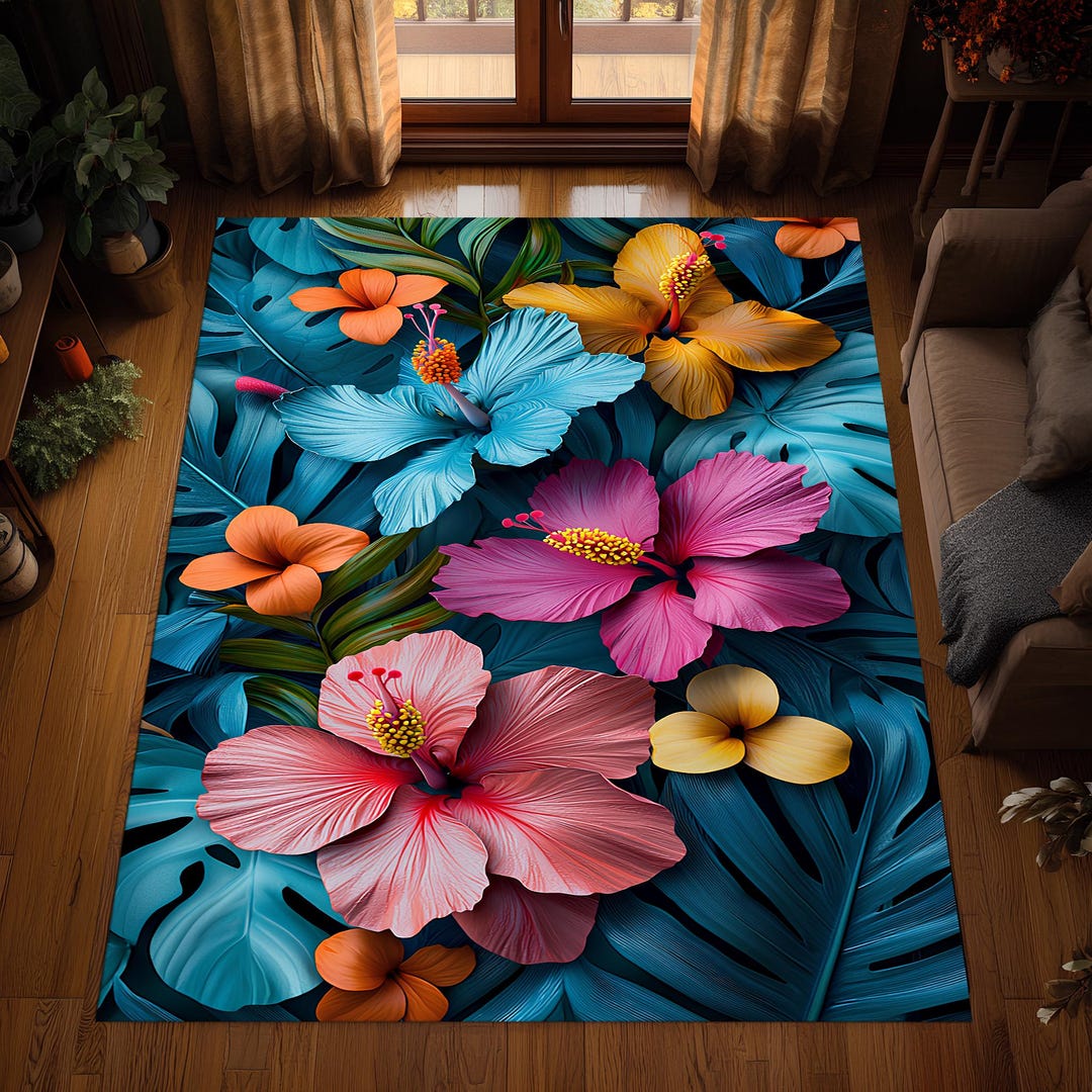 Hibiscus Rug Tropical Hibiscus Flower Rug, Living Room Rug, Area Rug, Colorful ...