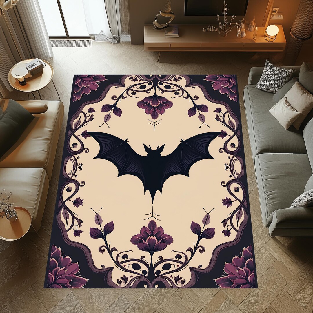 Bat Themed Gothic Rug, Beige Purple Area Rug, Dark Aesthetic Living ...