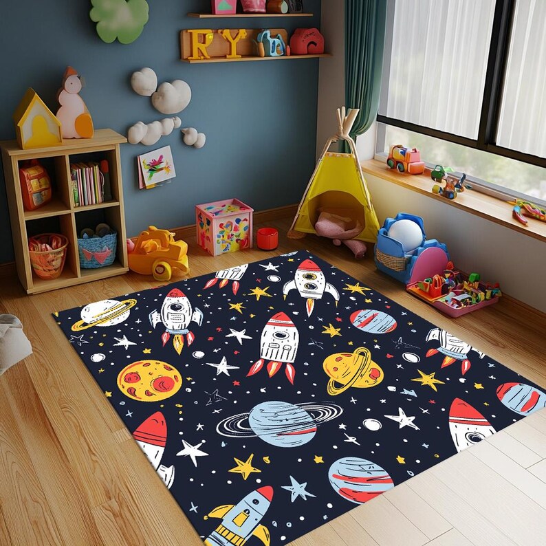 Kids Outer Space Themed Area Rug With Rockets, Planets and Stars in ...