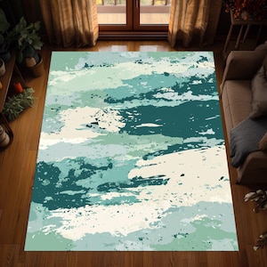 Modern Blue Green Abstract Rug, Living Room Area Rug, Washable Rug, Non Slip Rug, Contemporary Modern Carpet
