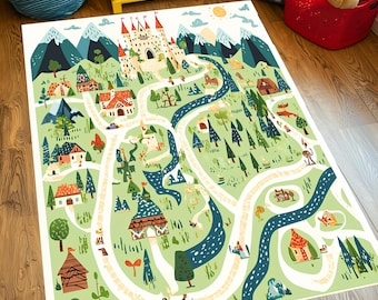 Kids Road Play Rug, Castle Map Mat, Nursery Area Rug