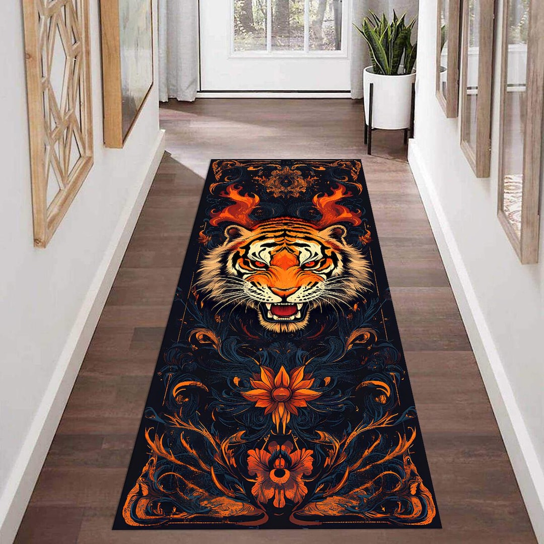 Tiger Runner Rug, Gothic Animal Art Hallway Carpet, Orange Black Bold ...