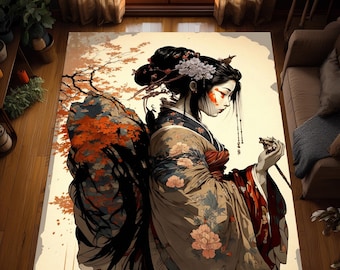 Elegant Geisha Design Rug, Japanese Art Style Living Room Rug, Washable Non-Slip Rug