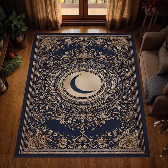 神秘的な月のラグ、三日月形の星のカーペット、ダークブルーとゴールド