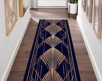 Art Deco Runner Rug – Navy and Gold Long Hallway Carpet with Luxury Fan Pattern