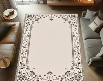 Creme Teppich, Verzierte Goldblumenbordüre, Elegant Waschbar Rutschfest