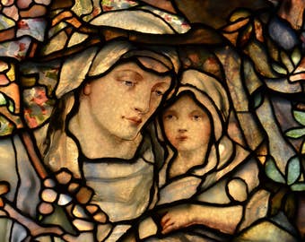 Mother and Child Among the Blossoms - Sermon on the Mount - Fine Art Canvas Print of Antique Stained Glass Window, Boston, Wall Art