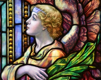 Angel with Palms - Fine Art Print of Antique Stained Glass Window, Wall Art, Home Decor