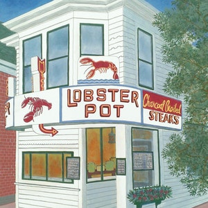 May include: An illustration of a white building with the words "Lobster Pot" in red letters on a sign. The sign also says "Charcoal Broiled Steaks". A red lobster is on the sign. The building has windows and a red brick wall.