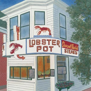 May include: A white building with a red and blue sign that says "Lobster Pot" and "Charcoal Broiled Steaks". There is a lobster illustration on the sign. The building has a window with a view of a kitchen.