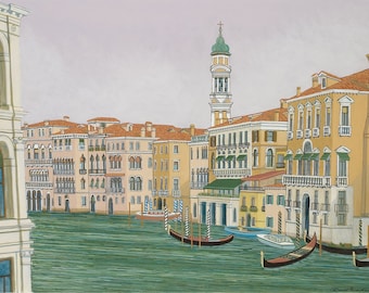 May include: A watercolor painting of a canal in Venice, Italy. The canal is lined with colorful buildings, and there are several gondolas in the water. The sky is a light blue, and the water is a deep green.