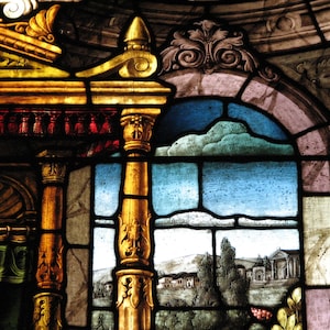 View from the Castle - Fine Art Canvas Print of Antique Stained Glass Window, Church, Medieval, Tuscany, Italy, Architecture