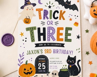 Trick or Three birthday invitation template Halloween 3rd birthday invite editable Canva printable digital download spooky third birthday