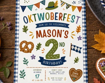 Oktwoberfest Birthday Invitation Oktoberfest 2nd Birthday Party Invite Boy German Beer Pretzel Plaid Editable Canva Template Printable