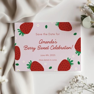 Réservez votre date d'invitation pour le premier anniversaire de baies Invitation sur le thème des fraises Modèle d'invitation personnalisée Carte en toile modifiable
