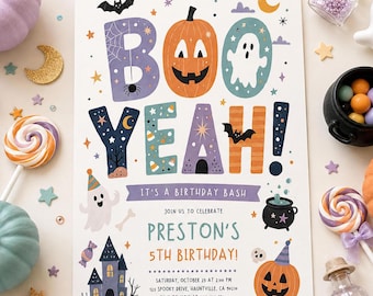 Halloween Birthday Invitation Boo Yeah Birthday Party Invite Ghost Pumpkin Kids Canva Template Printable Digital Download