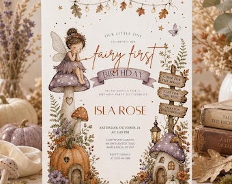 Fairy First Birthday Invitation 1st Birthday Invitation Woodland Fairy Party Invite Fall Canva Template Printable Download FF01