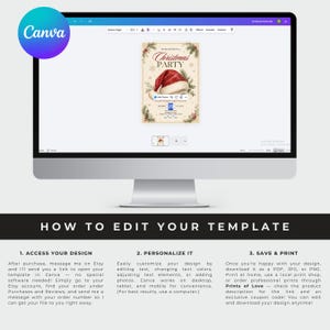 May include: A computer monitor displaying a digital Christmas party invitation template in Canva. The design features a red Santa hat, pine branches, and the text 'You're invited to a Christmas Party' on a cream background with editable fields.