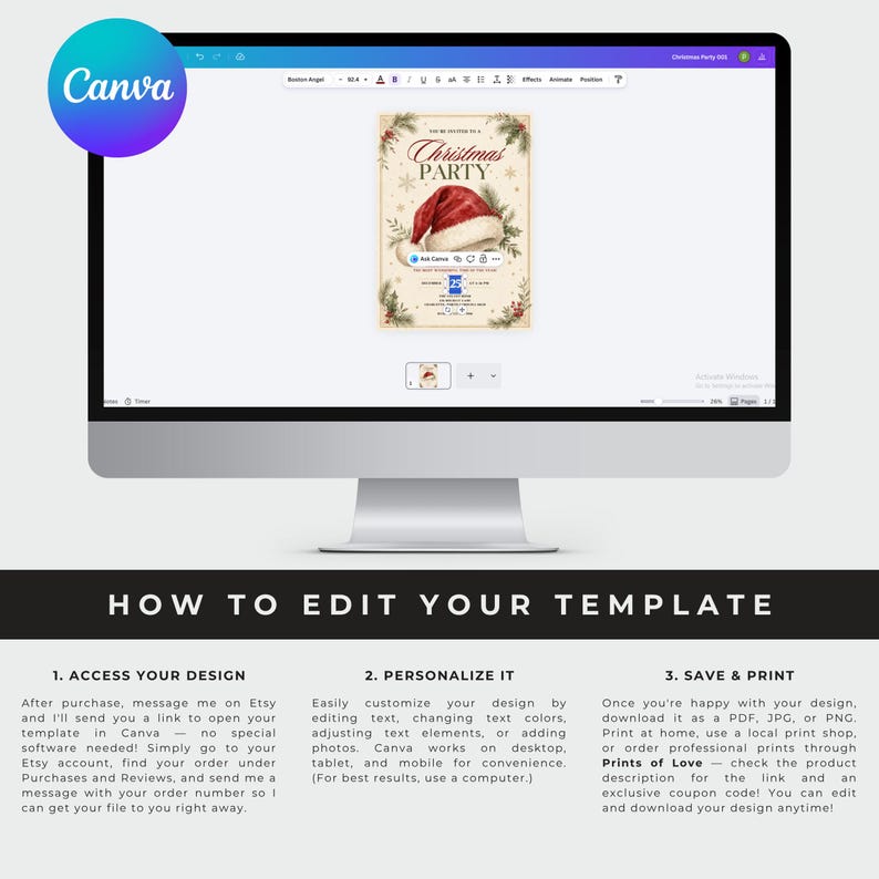 May include: A computer monitor displaying a digital Christmas party invitation template in Canva. The design features a red Santa hat, pine branches, and the text 'You're invited to a Christmas Party' on a cream background with editable fields.