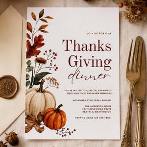 Thanksgiving Dinner Invitation Template Fall Dinner Party Invite Autumn Harvest Editable Canva Printable Digital Download