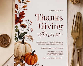 Thanksgiving Dinner Invitation Template Fall Dinner Party Invite Autumn Harvest Editable Canva Printable Digital Download