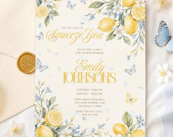 Lemon Baby Shower Invitation We Cant Wait to Squeeze You Citrus Baby Shower Invite Yellow Blue Butterfly Editable Canva Template CWS01