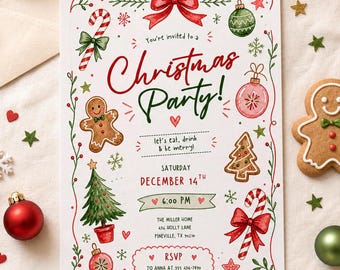 Christmas Party Invitation Watercolor Christmas Invite Holiday Party Editable Canva Template Printable Digital Candy Cane Gingerbread