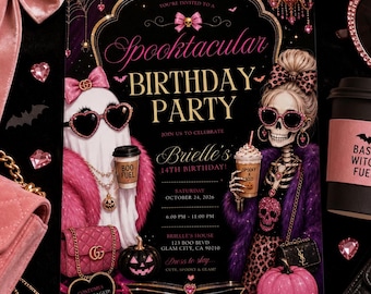 Halloween Glam Birthday Invitation Template Pink Halloween Party Invite Editable Spooky Ghost Birthday Canva Printable Download