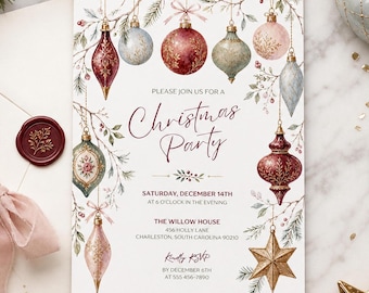 Elegant Christmas Party Invitation Editable Canva Template Watercolor Ornament Holiday Party Invite Winter Printable Digital Download