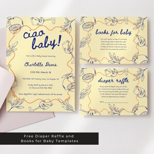 May include: A set of printable baby shower invitations with a yellow background and a blue and orange illustration of lemons, wine glasses, and leaves. The text on the invitations reads "Ciao Baby!" and "Books for Baby".