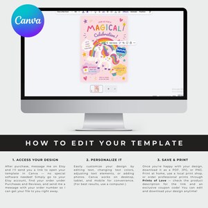 May include: A computer monitor displaying a digital invitation template editing interface. The pink template features a unicorn, rainbow, and stars with the text MAGICAL Celebration. Below the screen, instructions explain how to edit the template.