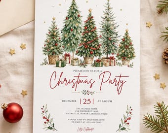 Christmas Party Invitation Watercolor Christmas Tree Holiday Party Invite Editable Canva Template Printable Christmas Celebration Digital