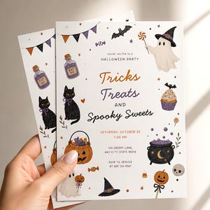 May include: A white Halloween party invitation card featuring illustrations of a ghost, black cat, jack-o'-lantern, cauldron, and cupcake. Text reads: You're invited to a Halloween party, Tricks Treats and Spooky Sweets, Saturday, October 25, 7:00 PM, 123 Creepy Lane, Any City, State 90210, RSVP to Jessica at 555 123-4567.