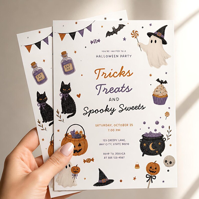 May include: A white Halloween party invitation card featuring illustrations of a ghost, black cat, jack-o'-lantern, cauldron, and cupcake. Text reads: You're invited to a Halloween party, Tricks Treats and Spooky Sweets, Saturday, October 25, 7:00 PM, 123 Creepy Lane, Any City, State 90210, RSVP to Jessica at 555 123-4567.