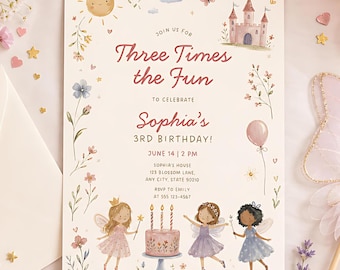 Three Times the Fun Invitation Fairy Princess Birthday Party Spring Girl 3rd Birthday Party Invite Editable Canva Template TTF01