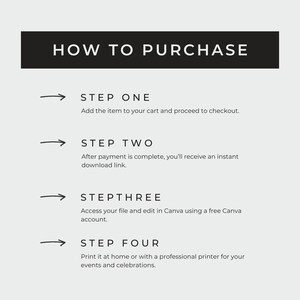 May include: A white background with black text outlining the steps to purchase a digital product. The steps are: Step One, Step Two, Step Three, and Step Four. Each step has a black arrow pointing to the right.