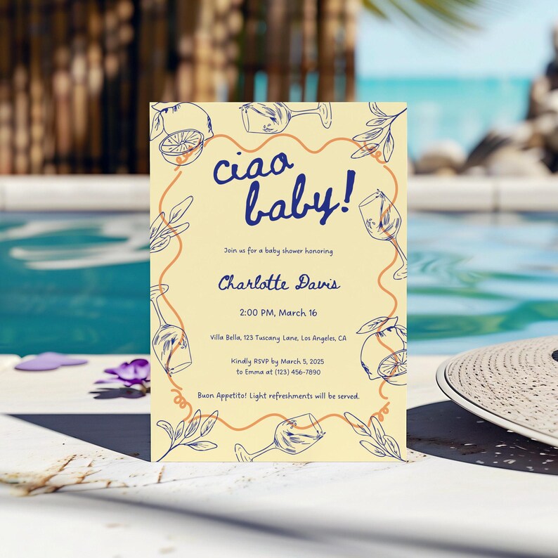 May include: A yellow baby shower invitation with a blue and orange illustration of glasses of wine and lemons. The text reads "ciao baby!" and includes the details of the event, including the date, time, location, and RSVP information.