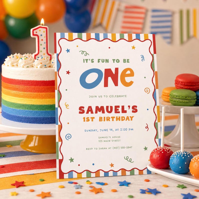 May include: A colorful birthday party scene with a rainbow cake, a number one candle, and a birthday invitation. The invitation reads "It's Fun to be One" and announces Samuel's 1st birthday.