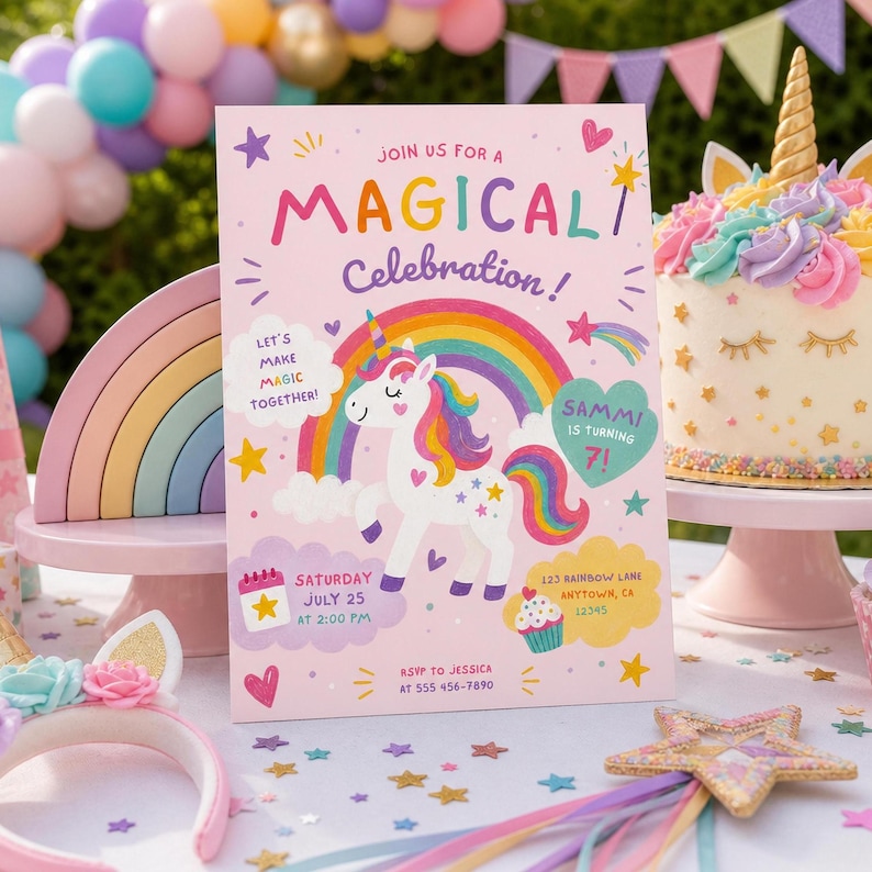 May include: A rectangular pink party invitation featuring a white unicorn, a colorful rainbow, and stars. Text reads: JOIN US FOR A MAGICAL CELEBRATION! LET'S MAKE MAGIC TOGETHER! SAMMI IS TURNING 7! SATURDAY JULY 25 AT 2:00 PM, 123 RAINBOW LANE ANYTOWN, CA 12345.