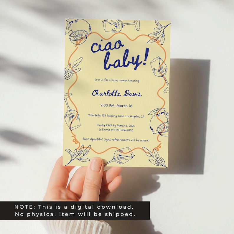May include: A yellow baby shower invitation with a blue and orange illustration of lemons and wine glasses. The text reads "Ciao baby!" and includes the name "Charlotte Davis" and details for the event.