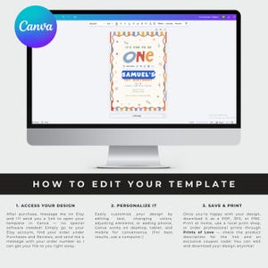 May include: A computer monitor displays a Canva template for a first birthday invitation. The invitation features colorful text and design elements. Below the monitor is text that reads "HOW TO EDIT YOUR TEMPLATE".